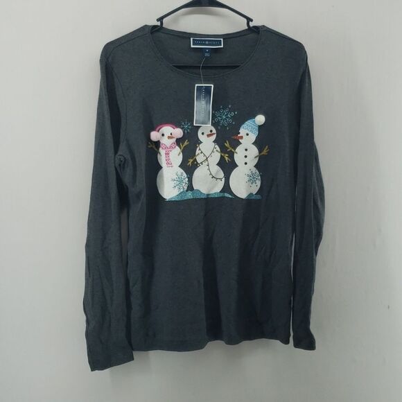 Karen Scott Tops - Karen Scott Snowman Trio Long Sleeve Top Charcoal Medium Holiday (AM)